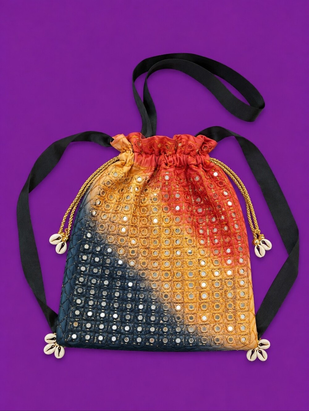 Bohemian Mirrors Ombre Cloth Drawstring Crossbody Double Handle Festival Bag